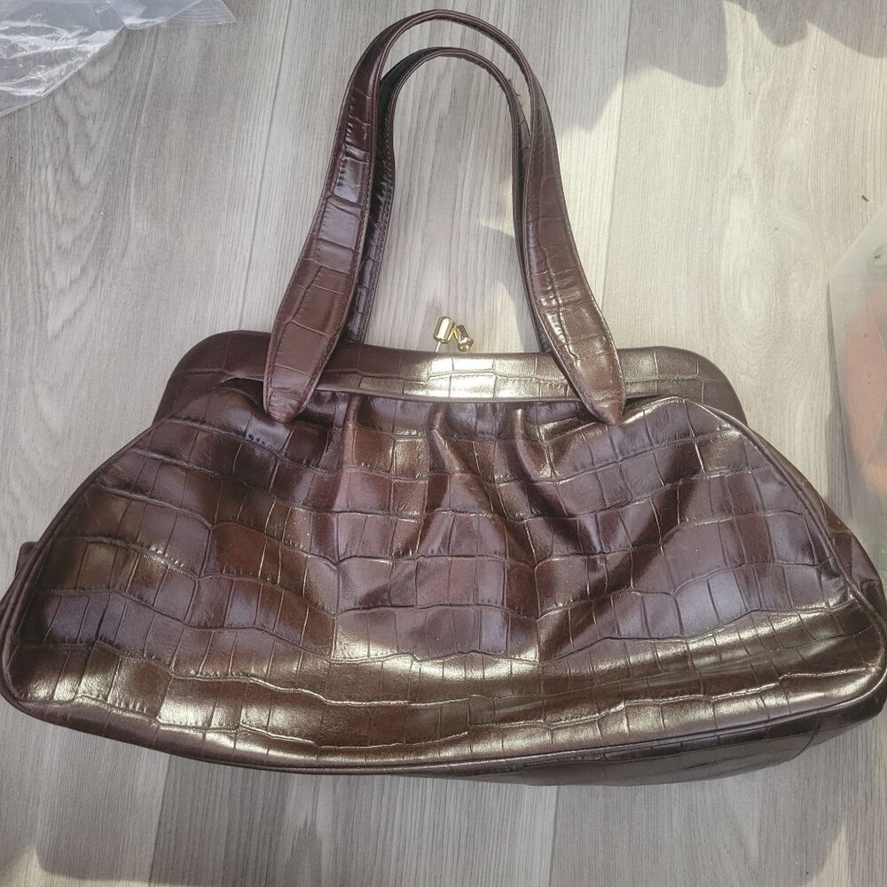 Banana Republic Brown Croc-Embossed Leather Tote Bag With Dual Straps & Gold Har